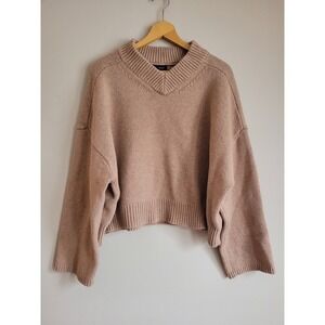 Gap CashSoft Cropped High V-Neck Sweater Large Beige Cotton Blend Wide Sleeve